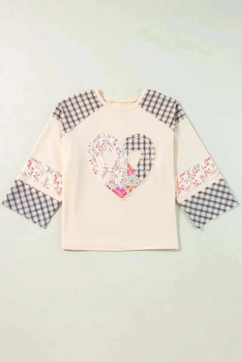 Heart Plaid Round Neck Long Sleeve Blouse - Love Salve